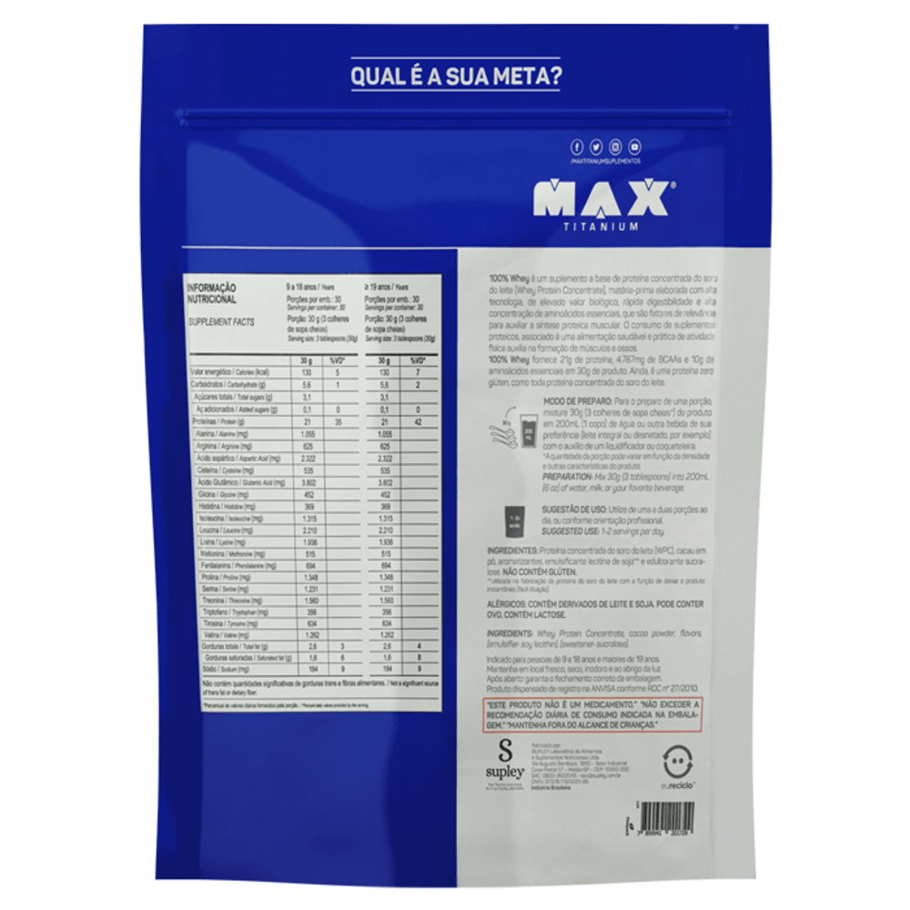 Max Titanium Refil 100% Whey Protein 900g