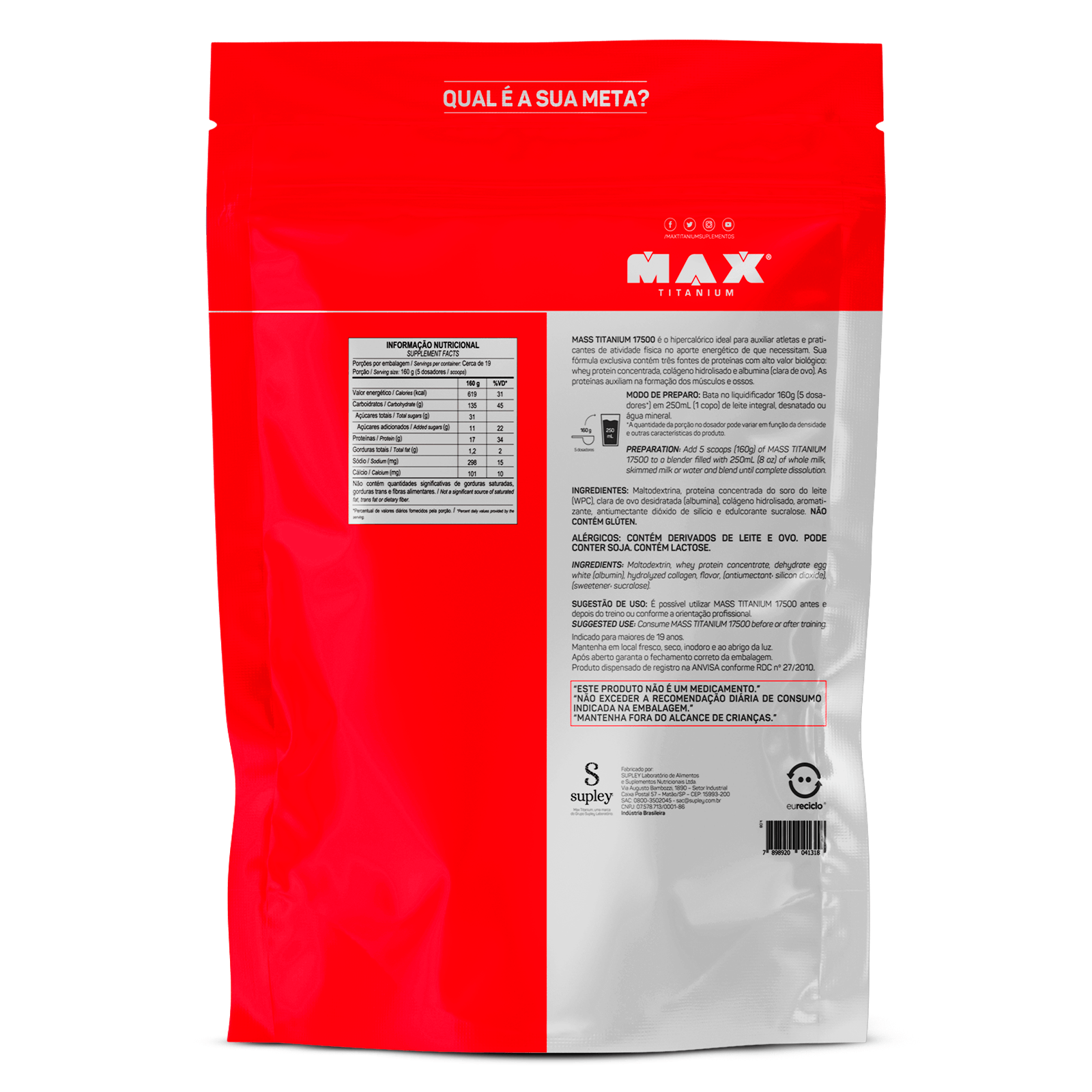 Max Titanium Refil Hipercalórico Mass Titanium 17500 3kg