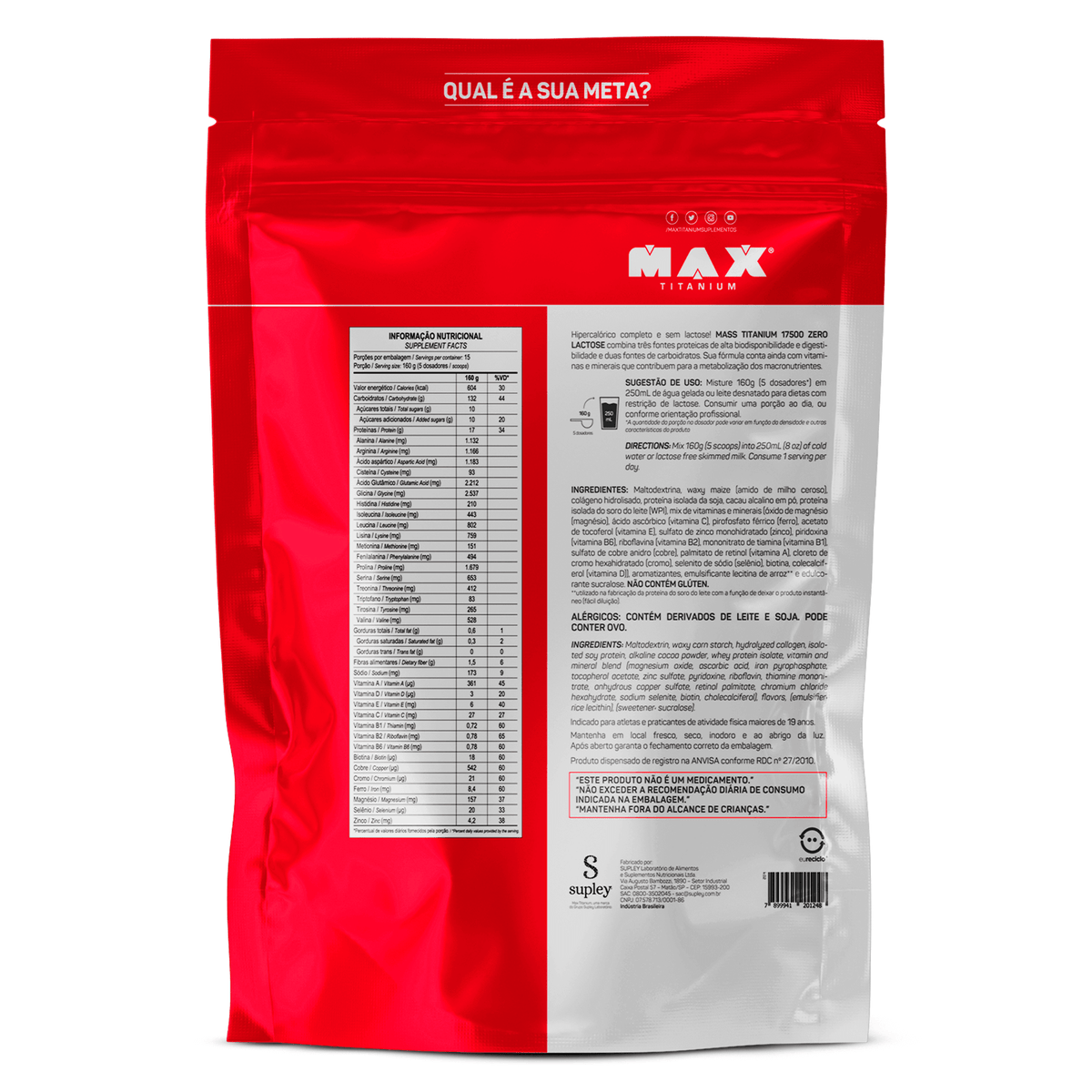 Max Titanium Refil Hipercalórico Mass Titanium 17500 2,4kg Zero Lactose